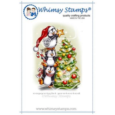 Whimsy Stamps Rubber Cling Stamp - Penguins Decorate the Tree